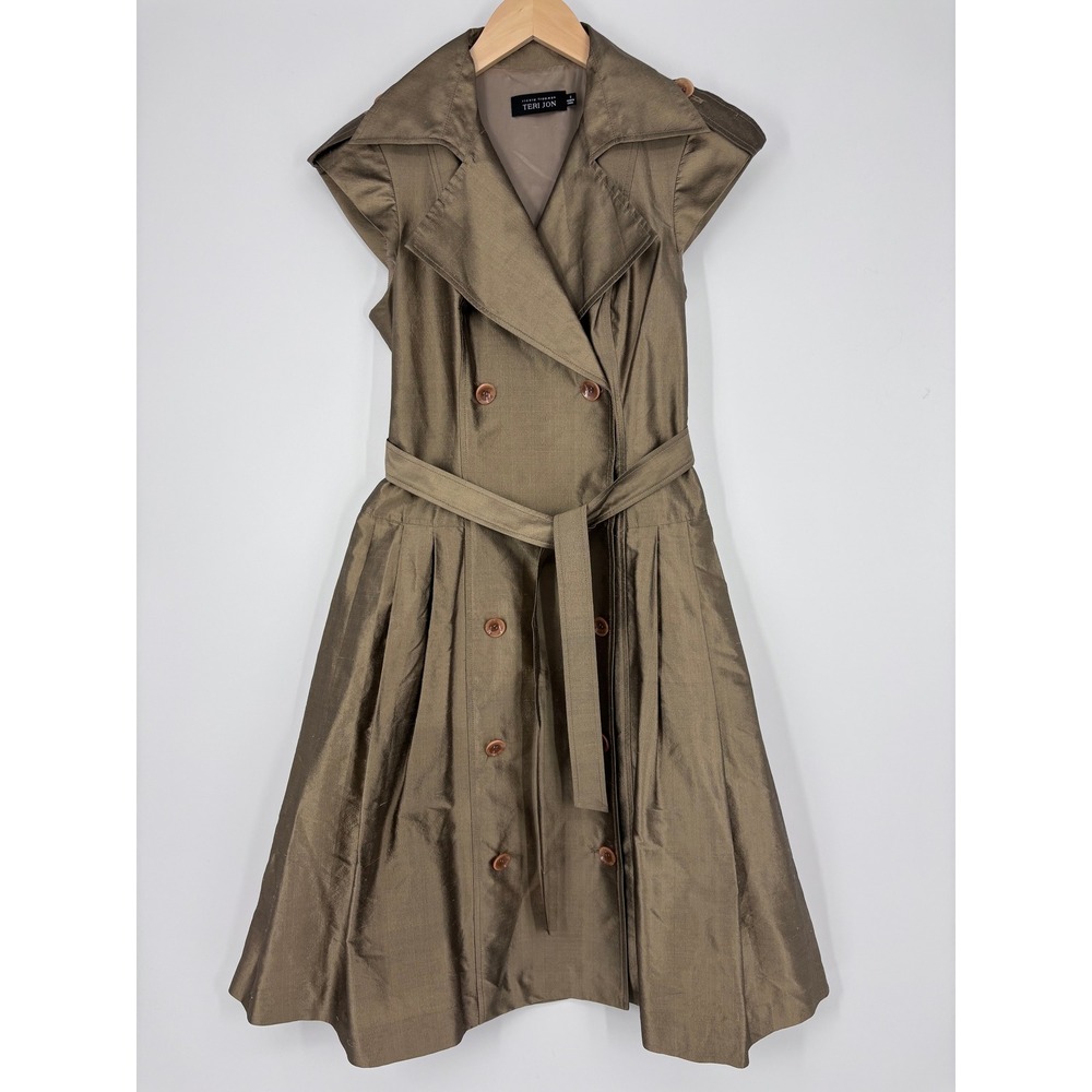 Rickie Freeman For Teri Jon Belted Trench Dress Womens 6 Bronze Silk Shantung